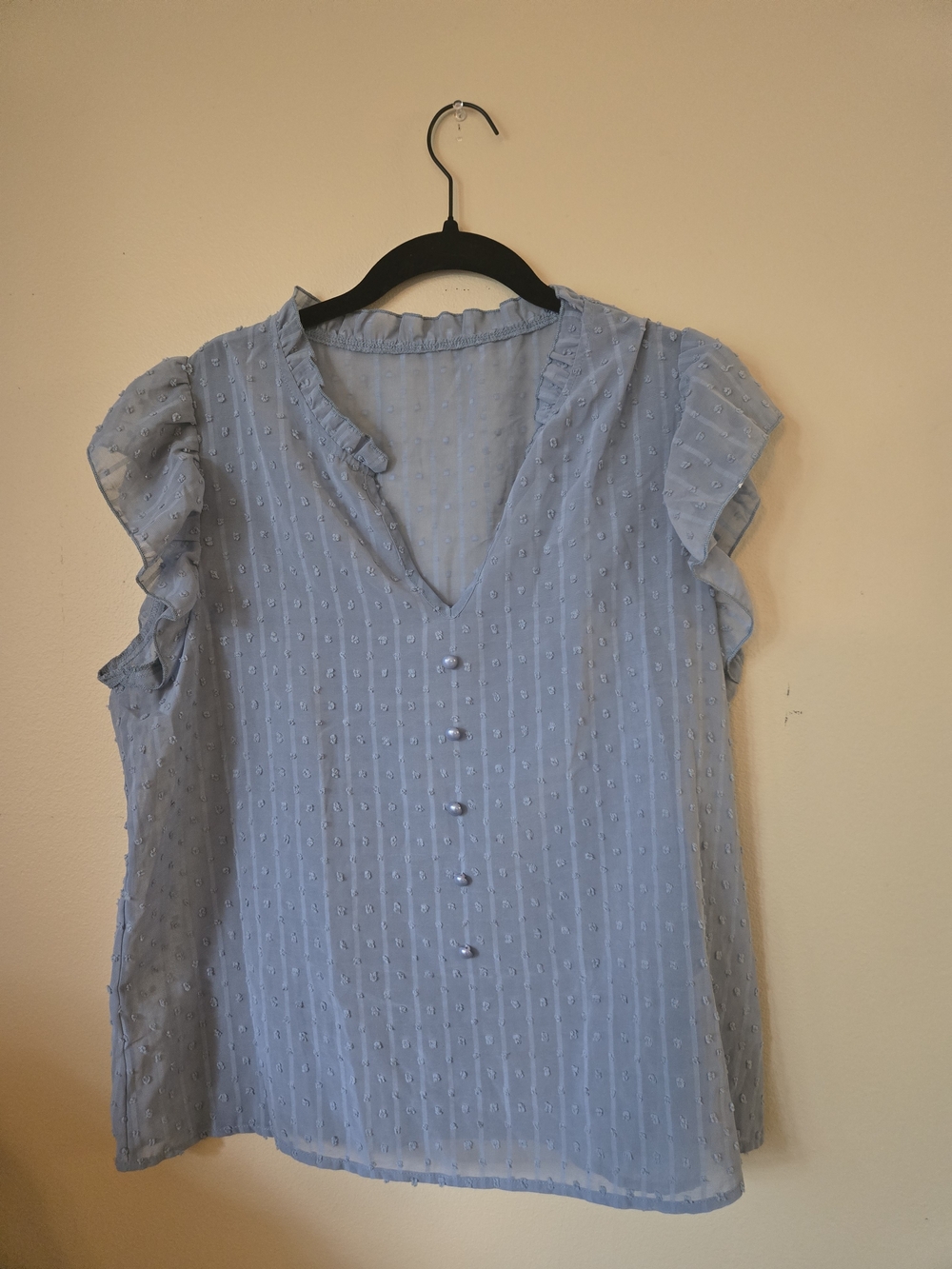 Light Blue Swiss Dot Ruffle Sleeve V-Neck Top